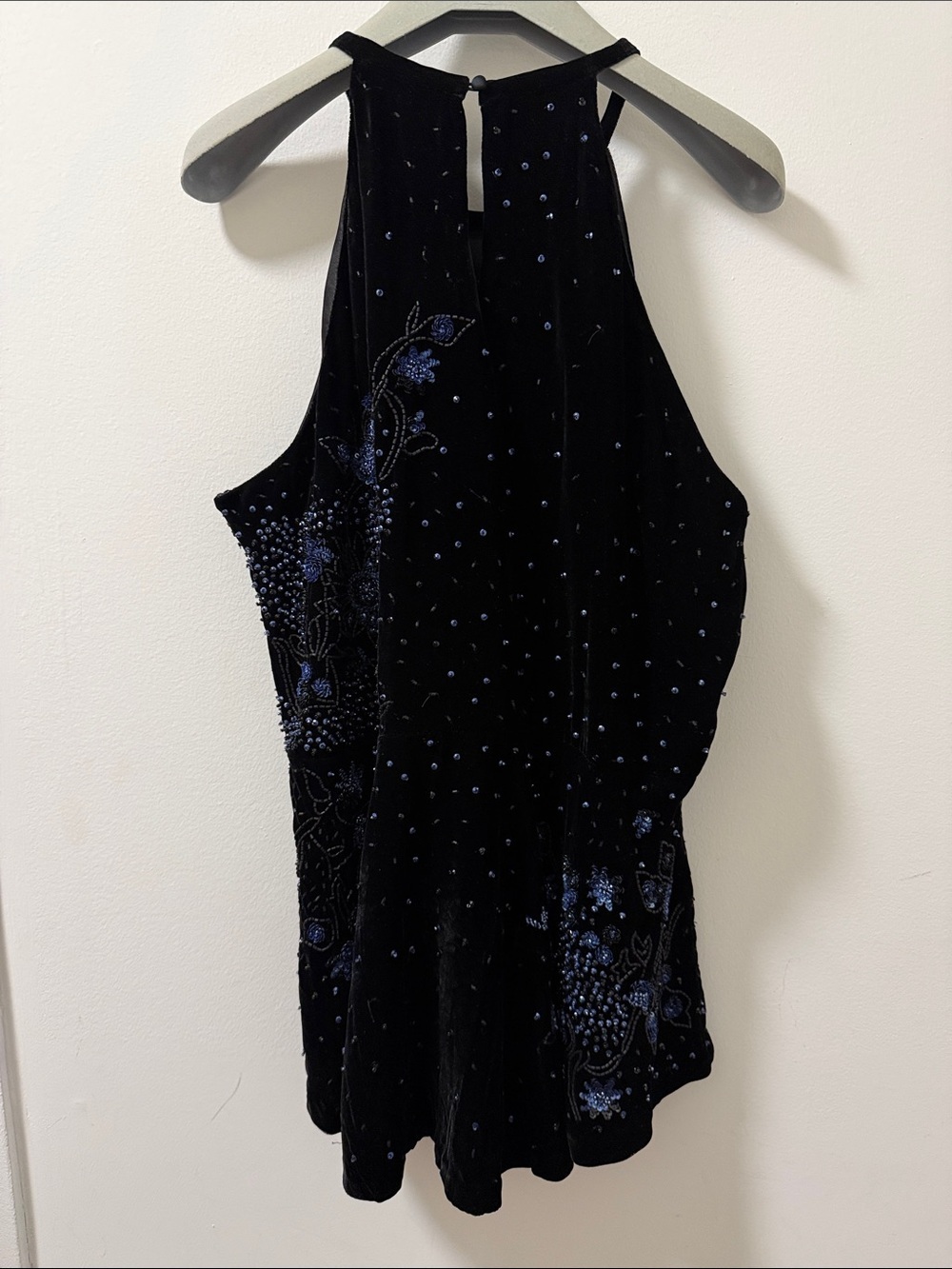 Elie Tahari Black Velvet Embellished Halter Top with Peplum Hem. Size Large. - Picture 2 of 10